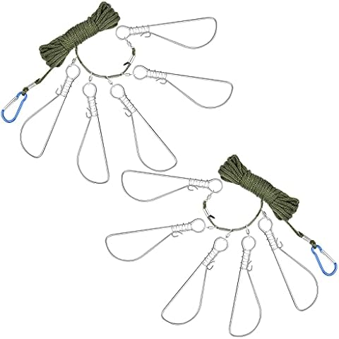 2 Sets Fishing Stringer Clip 16 Feet Rope Fish Stringer Fish Holder with 5 Stainless Steel Snap Hook for Kayak Fishing Gear Equipment Bass Cover