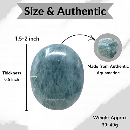 Image of Aquamarine Crystals and Healing Stones - Large Palm Stone Crystals Piedra - Crystal for Good Luck, Positive Energy, Meditation - Unique Stocking Stuffers and Birthday Gifts for Women, Men