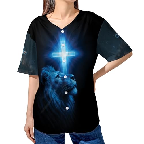 Camiseta de Béisbol Lion Jesus Cross, camiseta cristiana con cruz de Jesús, ropa de fe religiosa, camiseta azul león miniatura 2