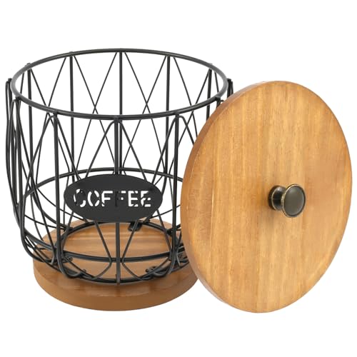 NIHUIFDPY Coffee Pod Holder with Wood Lid Large Capacity Coffee Filter Holder with Wooden Base Stylish Black Wire Coffee Basket for Home Office Kitchen Countertop Coffee Bar Coffee Station(Black)