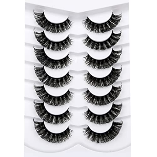 Pooplunch False Eyelashes Fluffy Russian Volume Strip Lashes D Curl Cat Eye Thick Dramatic Faux Mink Lashes 7 Pairs Pack