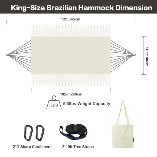 Image of Brazilian Double Hammock with Tassels, King Size, 500 lb Capacity | Soft Woven Cotton Fabric Handcrafted Macrame Tassels 102 x 71 in, 2-Person Hammock for Outdoor Natural White with Tassels
