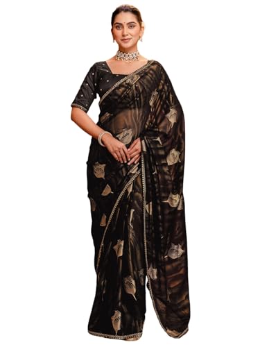 Image of SIRIL Women's Georgette Foil Printed Saree with Unstitched Blouse Piece