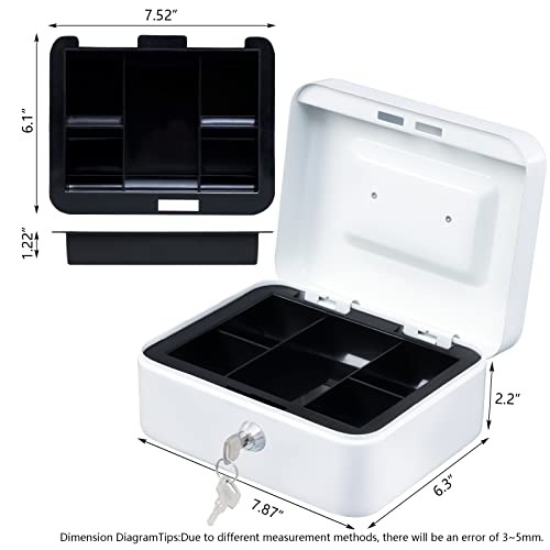 Image of KYODOLED Medium Cash Box with Money Tray,Small Safe Lock Box with Key,Cash Drawer,7.87 inchx 6.30 inchx 3.54 inch White Medium