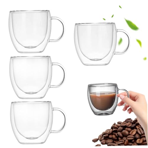 Tazas de café de vidrio de doble pared 4 piezas Taza de café de 5.07 oz Tazas de expreso de vidrio transparente resistentes al calor con agarre seguro Perfecto para té expreso Leche y j.