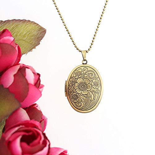 Colar com pingente relicário Médio Oval Flor Ouro Velho