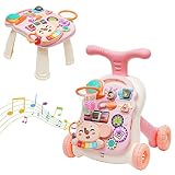 Baby Walker 3 en 1,Caminador de aprendizaje para niños, centro de actividades con diseño de aumento de peso, luces de mesa, música, juguete educativo multifuncional para niños y niñas (rosa y blanco)