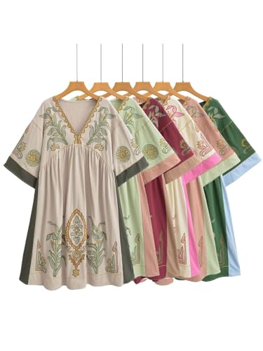 Image of Joiemont Womens Oversized Floral Embroidered Long Dress with V-Neck and 3 /4 Sleeves Vintage Embroidery Babydoll Dress