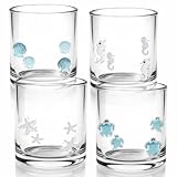 Sel Natural 4 Pcs Summer Ocean Icon Glasses Set, 14oz Aesthetic Shell Starfish Seahorse Turtle Glass Cup Icon Stemless Coffee Cocktail Glassware Cup for Party Supplies Gift (Ocean)