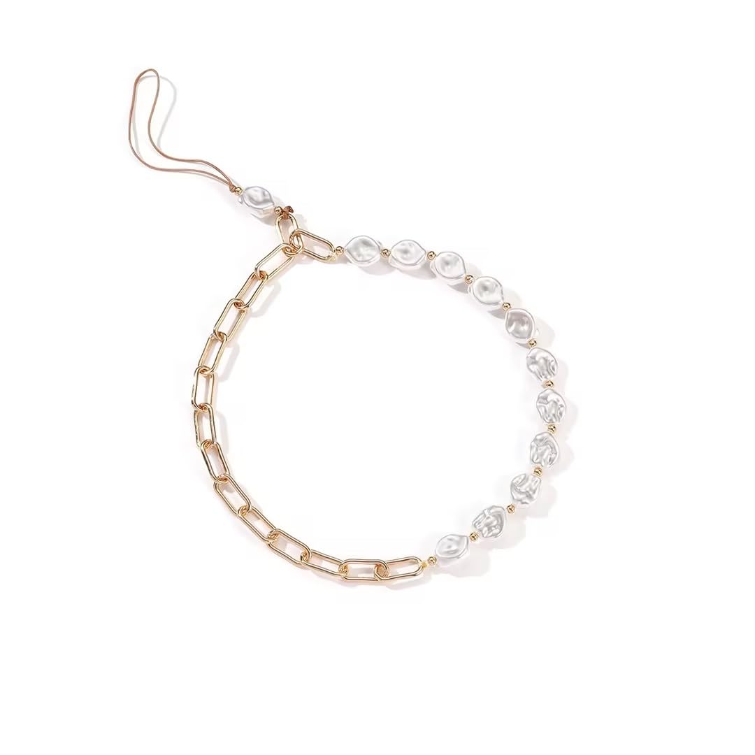 Wyjuan Unisex Pearl Beaded Phone Lanyard, Metal Chain Wrist Strap, Universal Anti-Lost Phone Charm Keychain
