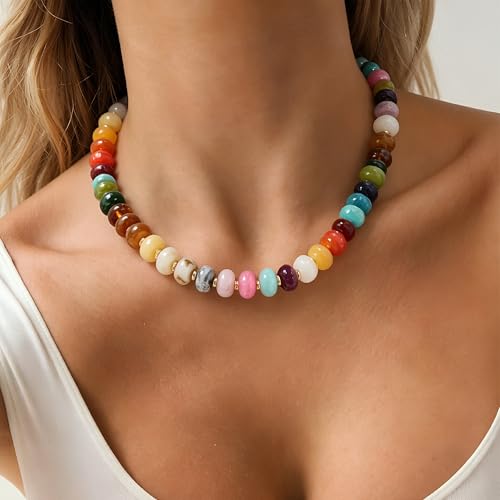 Aohik Handmade Bead Choker Necklace for Women, Chunky Colorful Beaded Necklace with Pendant for Summer Beach Jewelry Gifts — view 5