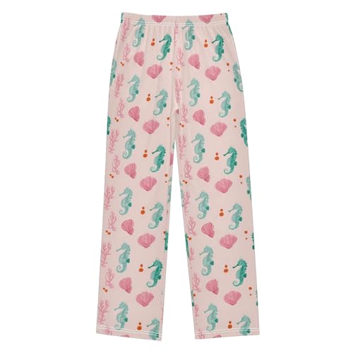 Green Seahorse Pattern Pajama Pants Lounge Sleep Pants Elastic Waist Long Pajama Bottoms with Pockets for 6-14 Years