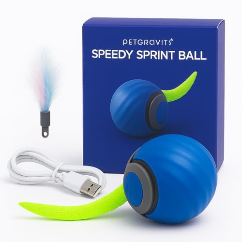 D&M Place Pelota Interactiva para Gatos Recargable USB-C, Juguete Interactivo Automático con Modo Inteligente, Bola para Gatos de Silicona con 2 Velocidades y Cola Intercambiable para Interior, 5 cm