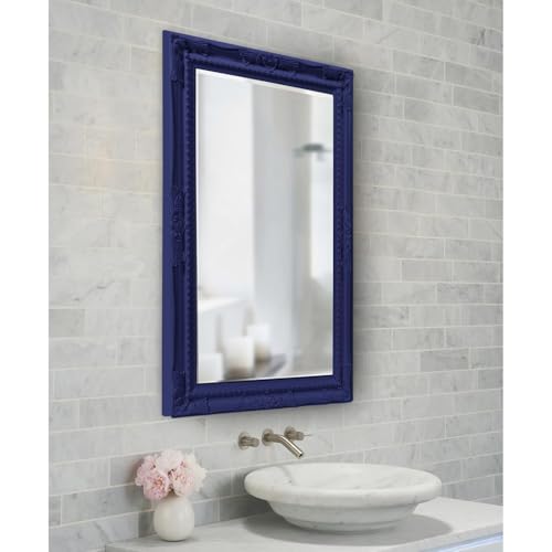 Image of Howard Elliott Collection Queen Ann Rectangular Glossy Navy Wall Mirror, Rectangle Hanging Wood Framed Vanity Mirrors for Home Decor, Living Room, Bathroom, Bedroom, or Hallway, 24 x 36 Inch