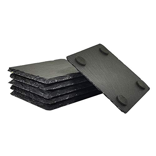 Image of 6-Pack Gorgeous Black Slate Stone Coasters - Square Slate Stone Coaster for Bar Kitchen Home Decor, Handmade Decorations, 4 x 4 Inches