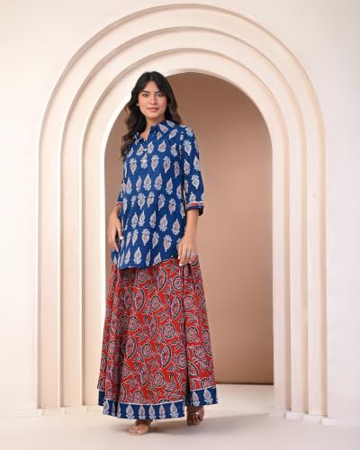 Image of KANNAHI Women Pure Cotton Blue and Rust Ethnic Motif Ajrakh Handblock Printed Kurta Set