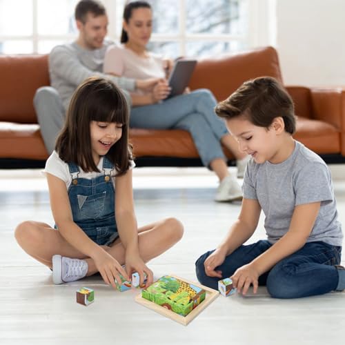 KQDRAVINE Würfelpuzzle Holz, Holzpuzzle 3D,Würfelpuzzle Puzzlespiele 6 in 1 Tier-Motive für Kinder,Montessori Spielzeug,lernendes pädagogisches Holzpuzzle-Spielzeug,Holzspielzeug ab 3 4 5 Jahren