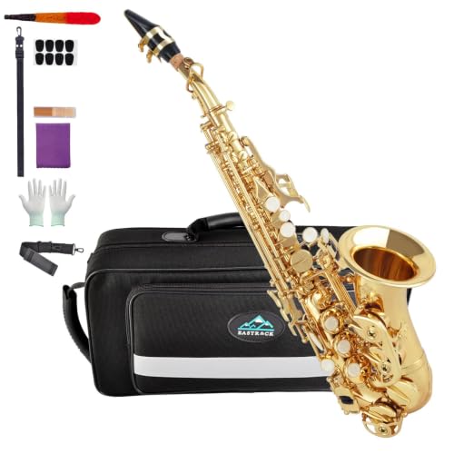 EASTROCK Soprano Saxophone Curved Bb Flat Gold Sax Instruments for Beginners Intermediate Players with Carrying Case Mouthpiece Pads Reed Cleaning kit neck Strap White Gloves
