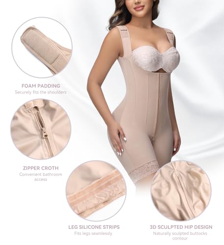 Image of SHAPSHE Fajas Colombianas Moldeadoras Open Bust Full Body Shaper with Bones | 9 Bones Waist Back Support, 3 Hooks Adjustable Compression, Stage 2 3 Faja Postpartum Post Surgery, Breathable Soft Fabric