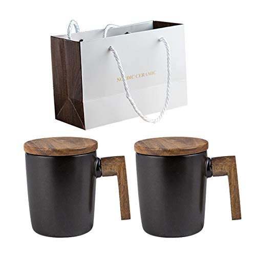 Set of Nordic Style Coffee Mugs Ceramic Porcelain with Wooden Handle and Lid (350ML) Water Tea Milk Drinking Cups Gift Box Home Office Hot and Cold Drinks (Black & Black)