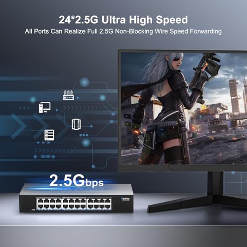 Image of 24 Port 2.5Gb Unmanaged Ethernet Switch with 24* 2.5G Base-T Ports, GiGaPlus 2.5Gbps Network Switch for 2.5Gbps NAS /PC, WiFi6 Router, Wireless AP. Fanless Design, Plug and Play