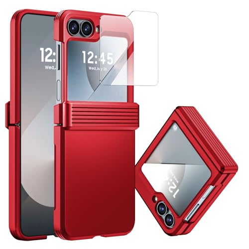 CENMASO for Galaxy Z Flip 6 Case/Z Flip 7 FE Case with Hinge Protection & Built-in Screen Protector, Ultra-Thin Full-Body Shockproof Protection Phone Case for Z Flip 6/Flip 7 FE-Red