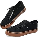 Obtaom Women's Play Fashion Sneaker Comfortable Canvas Slip on Shoes Washed Canvas Flats(Black Gum,US8)