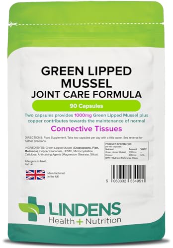 Lindens Green Lipped Mussel 500mg Capsules - 90 Pack - Joint Care Formula in Convenient Rapid Release Capsules - UK Manufacturer Letterbox Friendly Cream