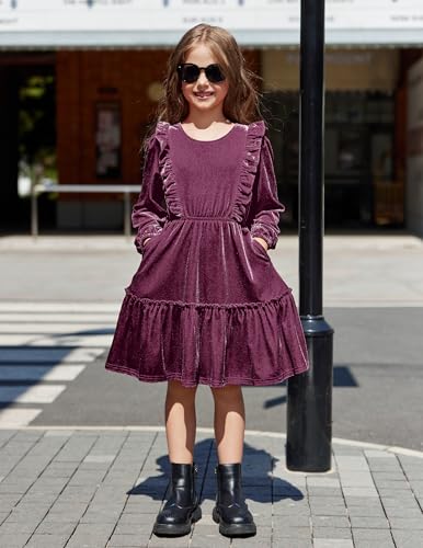 Arshiner Girls Dress Long Sleeve Ruffled Smocked Casual Dress with Pockets 5-14 Years4