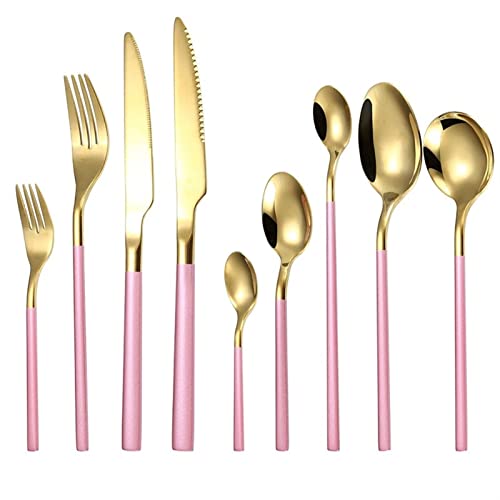 Conjuntos de cubiertos 9pcs Juego de cubiertos de oro/cubiertos plateados Setware de vajilla de acero inoxidable brillante Catineras de cubiertas de acero Knive de acero (color: oro rosa)