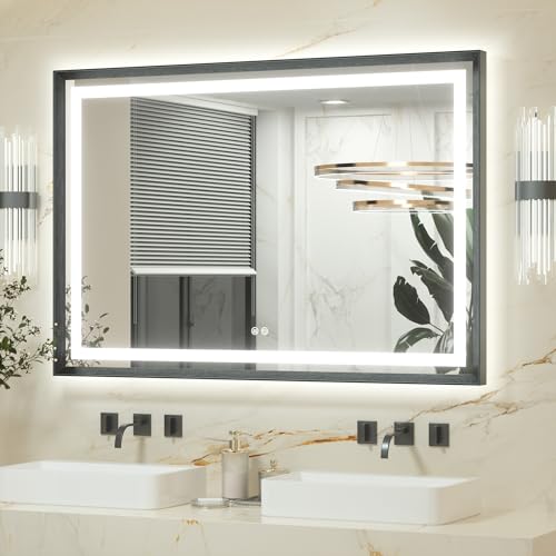 Keonjinn Specchio da bagno con illuminazione, telaio in metallo nero, 120 x 80 cm, specchio da bagno illuminato, senza appannamento, con interruttore touch, 3 colori di luce, dimmerabile, funzione di