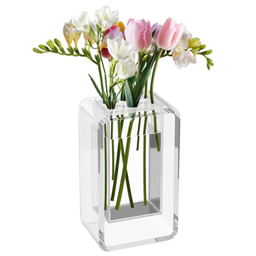 NIUBEE Flower Vase, Acrylic Unique Clear Modern Vase with Stem Holder 2-in-1, Decorative vase for Home Wedding Centerpiece, 7.87 Inch