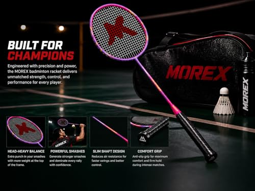 Image of Morex Carbon Graphite Badminton Racket with Full Cover Bag | Durable Carbon Shaft & Curve Frame for Better Sweet Spot & Smash Power | Ideal for Beginners & Advanced Players (Purple & Pink)