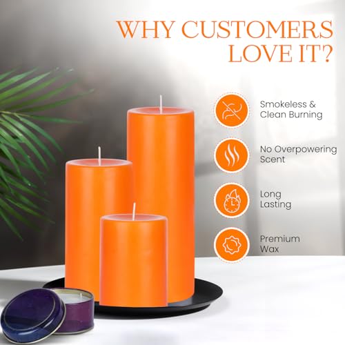 Image of D'Velas Pack of 3 Unscented Orange Pillar Candles | Burn Time 50 /65 /80 Hours | Bonus 3oz Scented Travel Tin | Long-Lasting Paraffin Wax Candles for Home Decor, Festive Use & Events