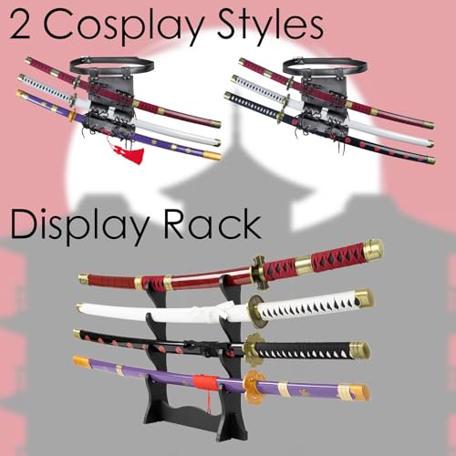 Adust Carbon Steel Roronoa Zoro Swords, Real Metal Anime Sword, Roronoa Zoro Cosplay Costume 41 inch Overall, Japanese Zoro Katana Samurai Sword 3-Piece Set/4-Piece Set3