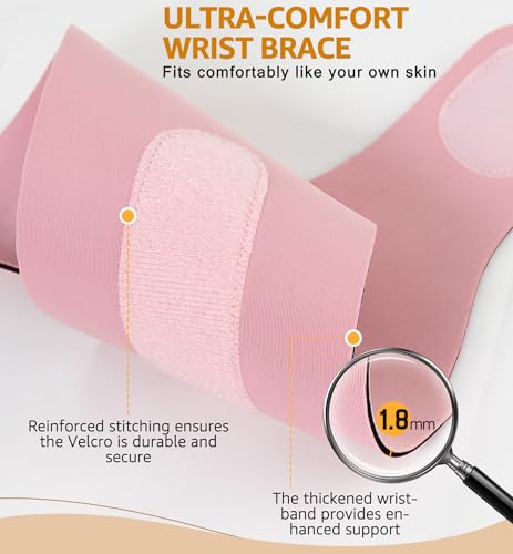 HGBOO 2 Pack Thin Compression Wrist Brace for Men & Women, Adjustable Elastic Wrist Support for Carpal Tunnel Arthritis Tendonitis Sports Pain Relief, Soft & Comfortable Day/Night Wrist Wraps (Pink)