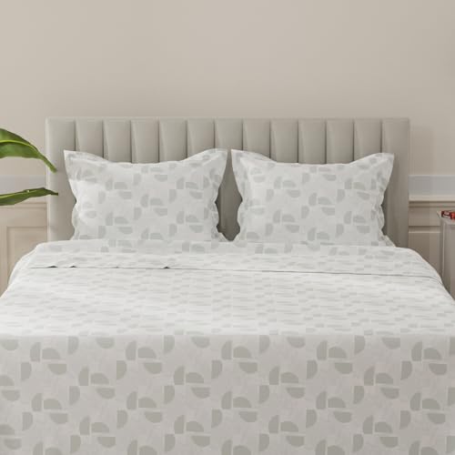 Image of Layers 100% Cotton Bedsheet for King Size Bed | Lumina Floret Collection | 144 TC Soft & Breathable | Printed with 2 Pillow Covers | Wrinkle Free & Colorfast | 3 Piece Bedding Set - Grey & White