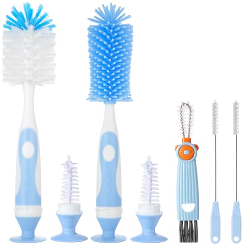 Image of Ariseno 5-in-1 Baby Bottle Brush Set, Including Nylon and Silicone Bottle Brush, Bottle Cap, Straw and Nipple Cleaner, BPA-Free (Blue)