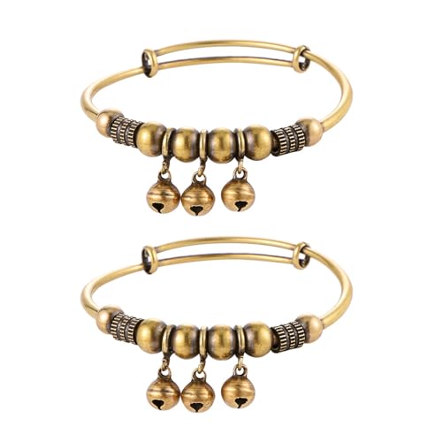 2Pcs Vintage Copper Retro Bell Bracelet Intricately Crafted with Timeless Design Adjustable Push-Pull Mechanism for Men Women
