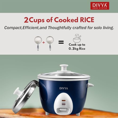 Image of DIVYA 0.6 L Drum Electric Rice Cooker for Home | 300 W | Double Pot Anodised Aluminium | Glass & Stainless Steel Lid | Cook & Keep Warm Function | Compact Rice Cooker | Blue