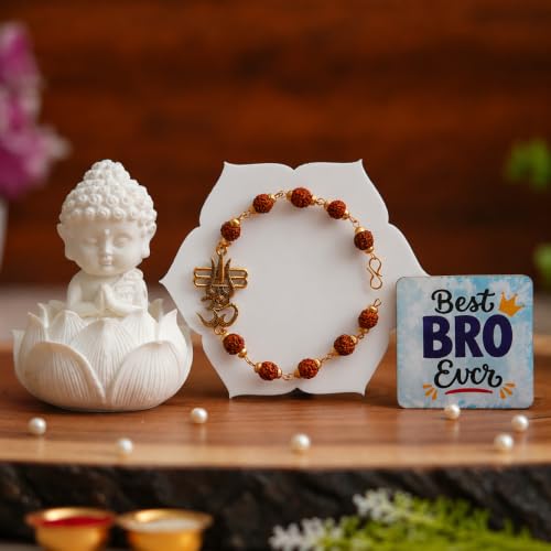 Image of ecraftindia Rudraksha Om Trishul Rakhi Gift Set for Brother | Designer Rudraksha Rakhi with Best Bro Ever Fridge Magnet, Buddha Showpiece & Roli Chawal | Raksha Bandhan Gift Combo