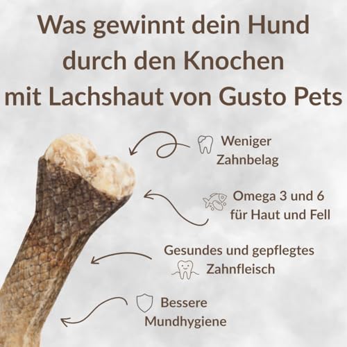 GUSTO PETS Kauknochen für Hund mit Lachs-Haut 12 cm - 100% Natürlicher Hundesnack aus Rinderhaut & Lachs, Ergänzungsfuttermittel, reich an Protein & Omega-3-Fettsäuren, Hergestellt in der EU