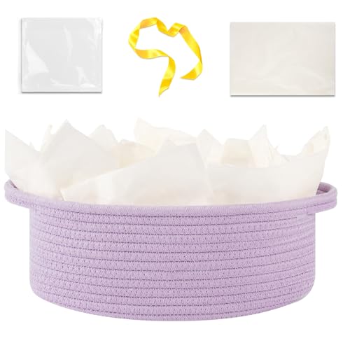 Image of OIAHOMY Gift Basket with Handle, Small Woven Basket with Gift Bag,Ribbon and Wrap Tissue Paper,Nursery Bins Empty to Fill with Small Items, Baby,Pet Toy Organizer - Lilac Purple
