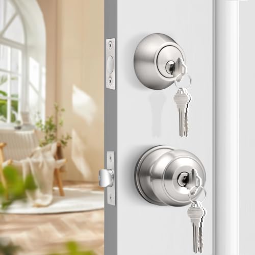 Probrico DL609ET-101SN-COMBO 1PACK Keyed Alike Round Ball Entry Door Knob And Single Cylinder Deadbolt Set, Satin Nickel thumb #1