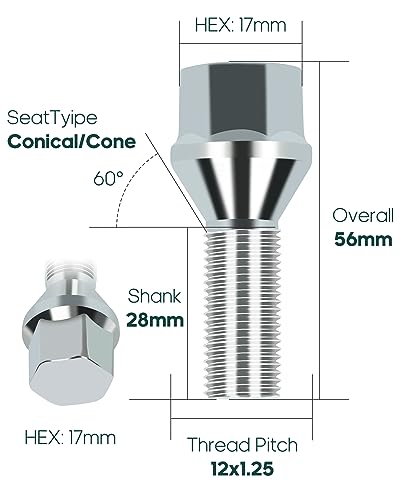 Image of SCITOO M12x1.25 Lug Nuts Set Silver 28mm Shank Length Wheel Lug Bolts,20Pcs | 12x1.25 Lug Bolts Studs Hex 17mm Fit for Jeep Compass for Renegade for Cherokee,for Fiat,for Chrysler 200,for Dodge Dart