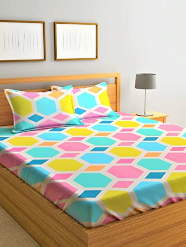 Image of Jashan Elastic King Size Fitted bedsheets with 2 Pillow Cover | King Size bedsheets | 100% Glace Cotton | Fitted bedsheet Cotton King 72 inch x 78 inch inches (Double Elastic Bedsheet, Multi-23)