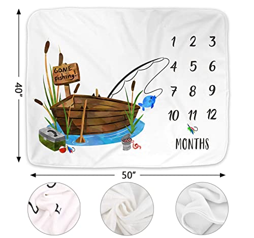 Popfavors Fishing Baby Monthly Milestone Blanket, Gone Fishing Baby Boy Growth Chart Milestone Photo Blanket, Fishing Boat Newborn, Includes Marker (50X40) #TOP2