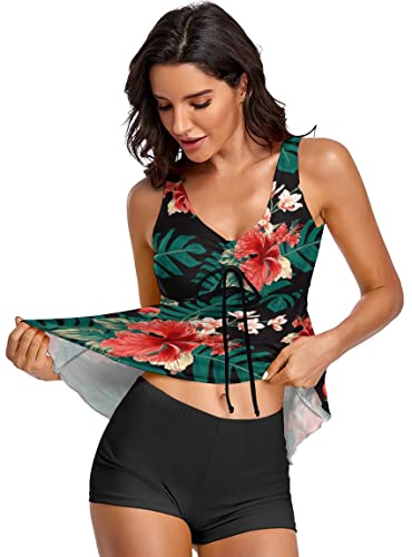 Image of Modest Tankini Swimsuits for Women Two Piece Bathing Suits Floral Print Tank Top with Boyshorts Tummy Control Swimming Suits