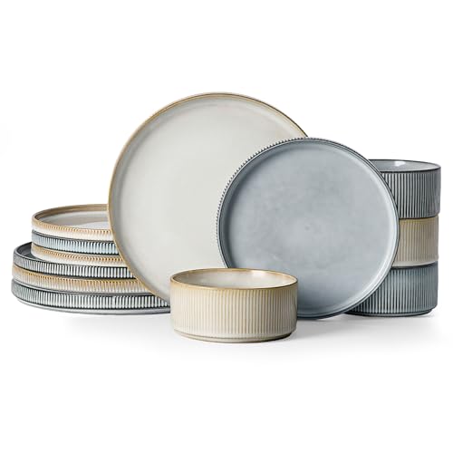 Famiware Star 12-Piece Stoneware Dinnerware Sets for 4, Reactive Glaze Plates and Bowls, Modern Rustic Dishes for Everyday & Formal Use, Chip/Scratch Resistant, Microwave/Dishwasher Safe, White & Blue