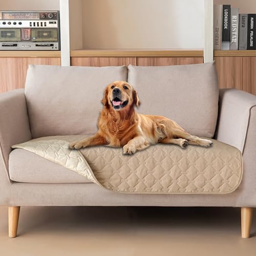 Image of gogobunny 100% Double Sided Waterproof Dog Blanket Soft Pet Bed Cover Reversible Protect Furniture Couch Sofa Car for Puppy Cat Kids (Dark Beige /Light Beige, 32x53 Inch (Pack of 1))